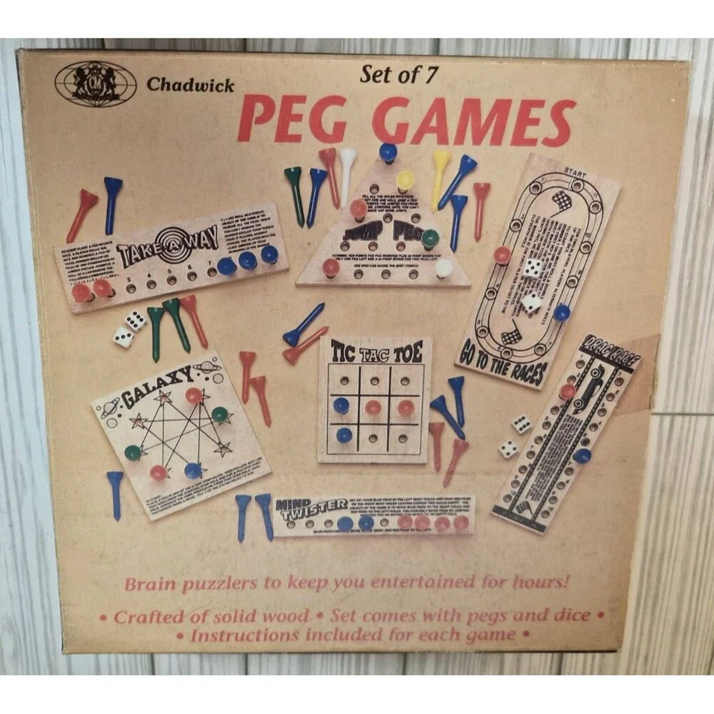 Vintage Chadwick 7 Piece Set Wood Peg Board Games Travel Multi Game Box Complete